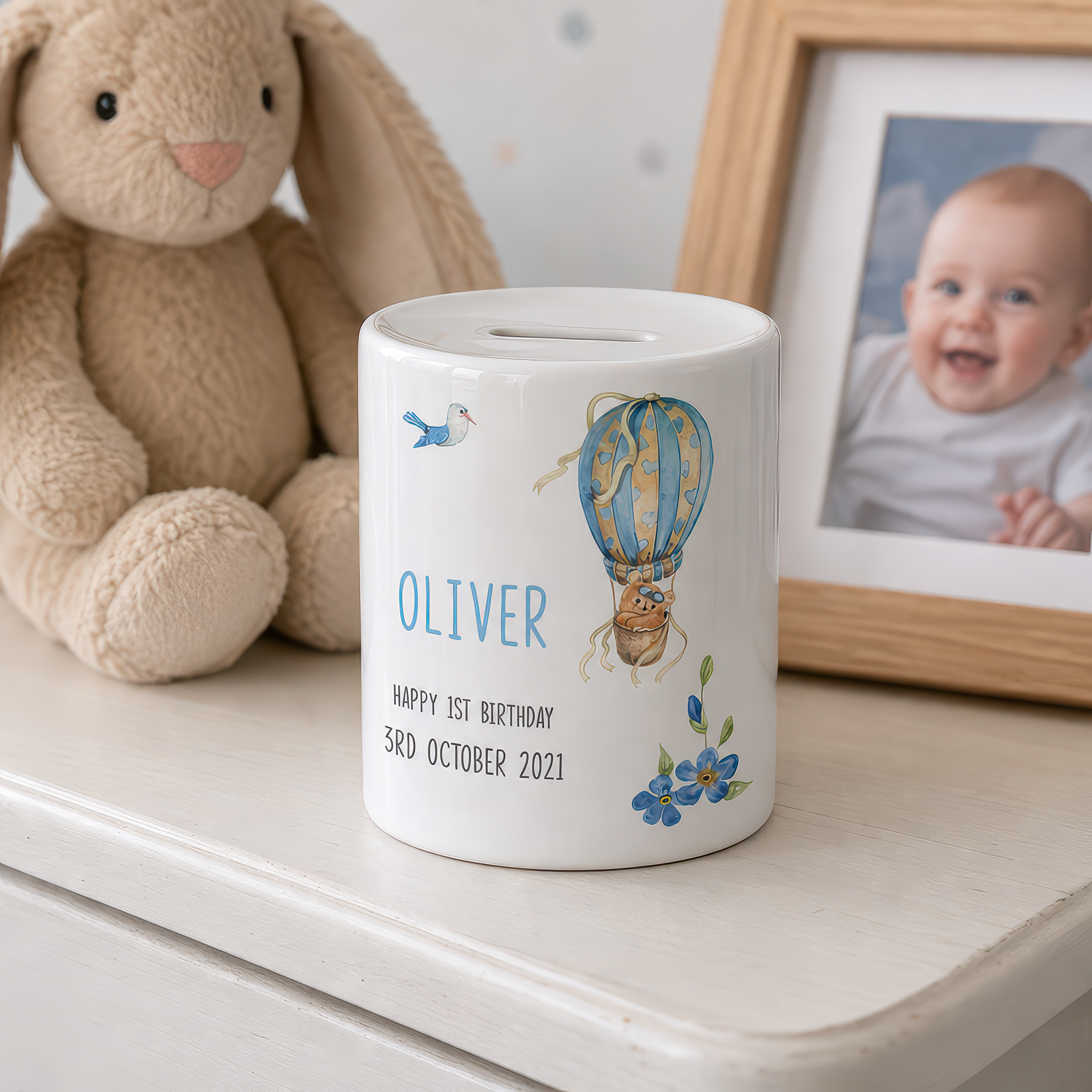 Personalised Blue Hot Air Balloon 1st Birthday Money Box - alternative view