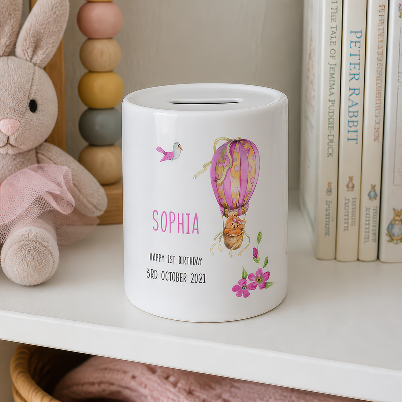 Personalised Pink Hot Air Balloon 1st Birthday Money Box