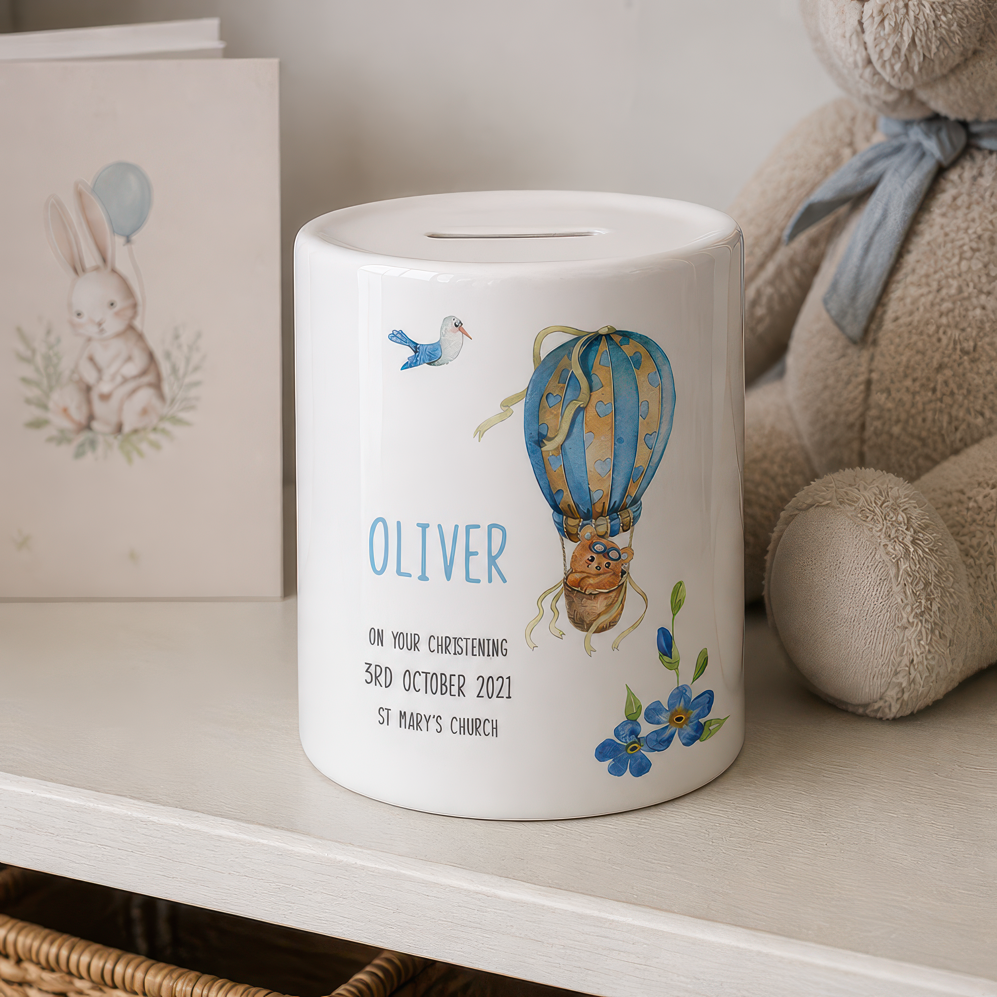 Personalised Blue Balloon Christening Money Box