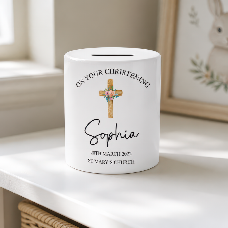 Personalised Cross Christening Money Box