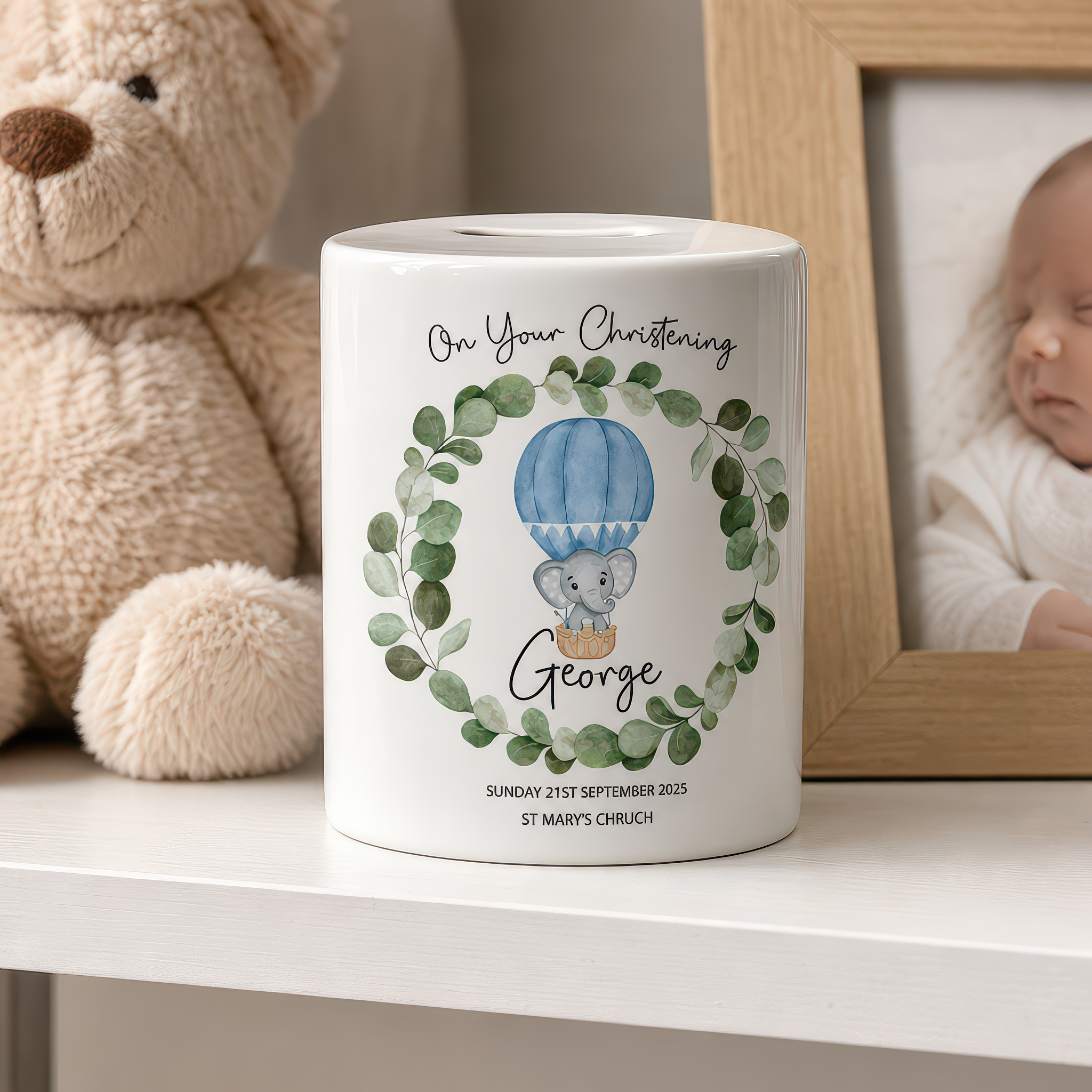 Personalised Blue Elephant Christening Money Box with Name, Date and Venue - alternative view