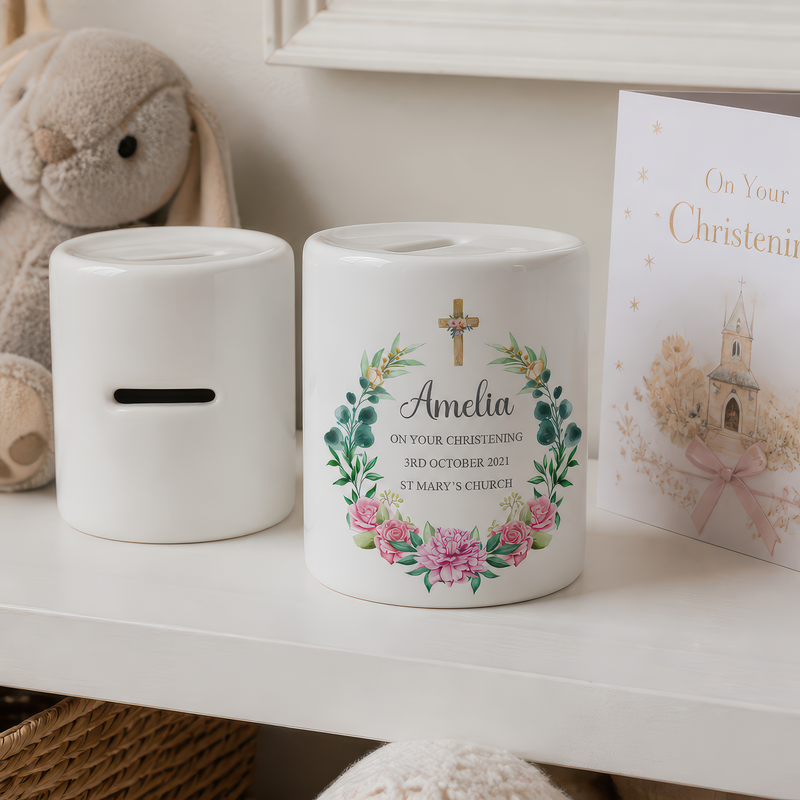 Personalised Floral Cross Christening Money Box