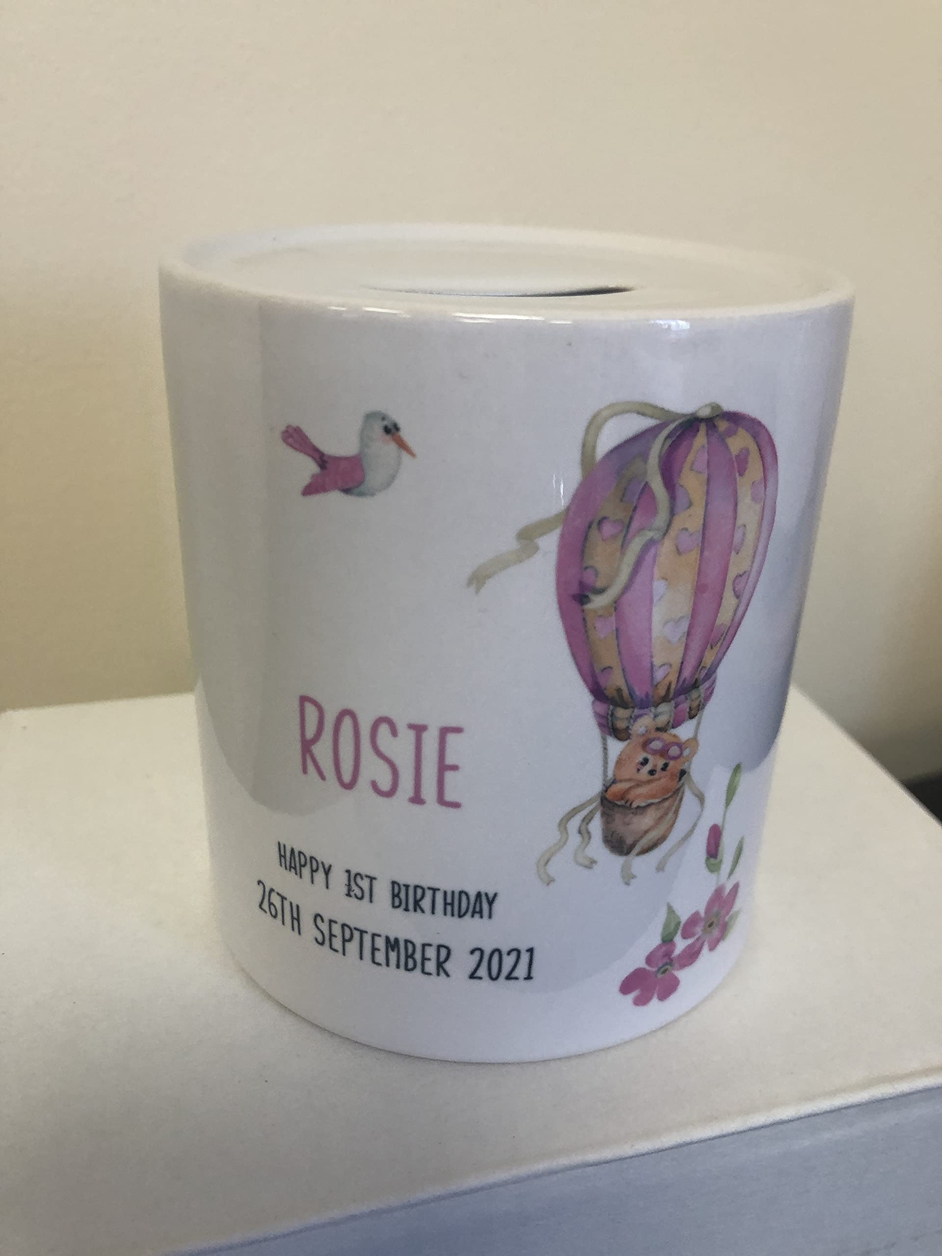 Personalised Pink Balloon Christening Money Box