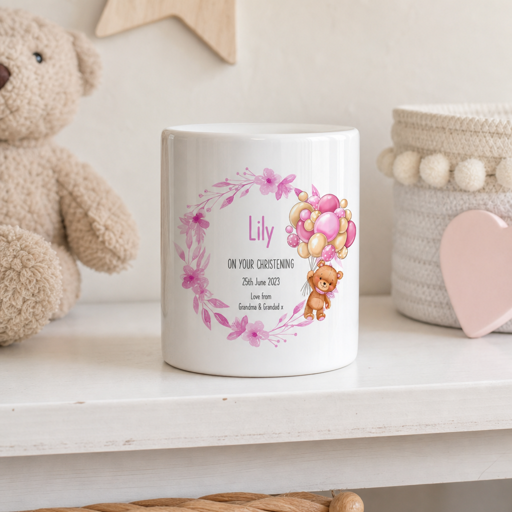 Personalised Teddy Balloon Christening Money Box