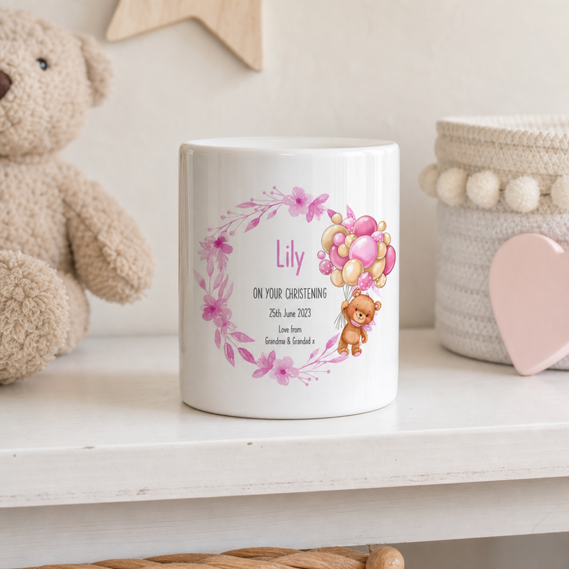 Personalised Teddy Balloon Christening Money Box