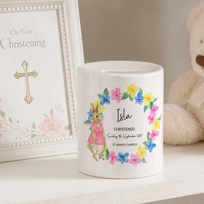 Personalised Pink Rabbit Christening Money Box