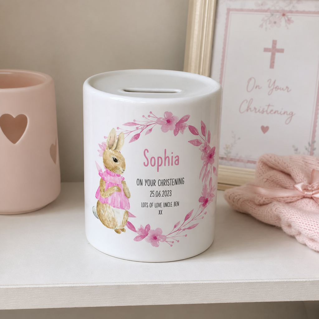 Personalised Pink Bunny Wreath Christening Money Box