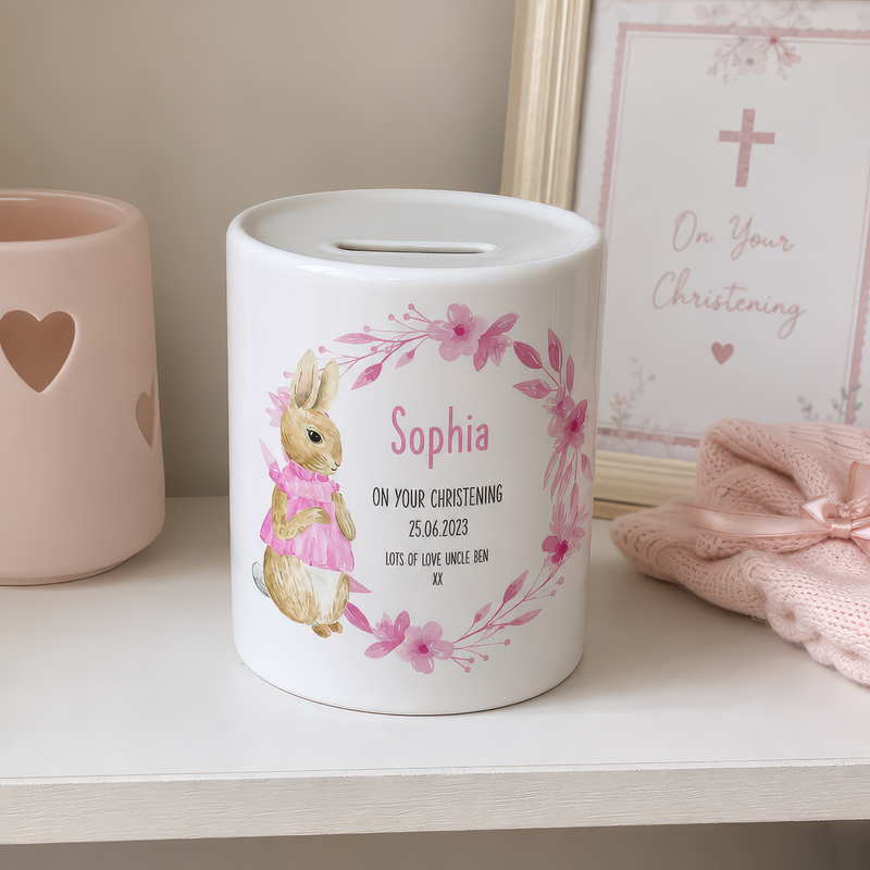 Personalised Pink Bunny Wreath Christening Money Box - alternative view