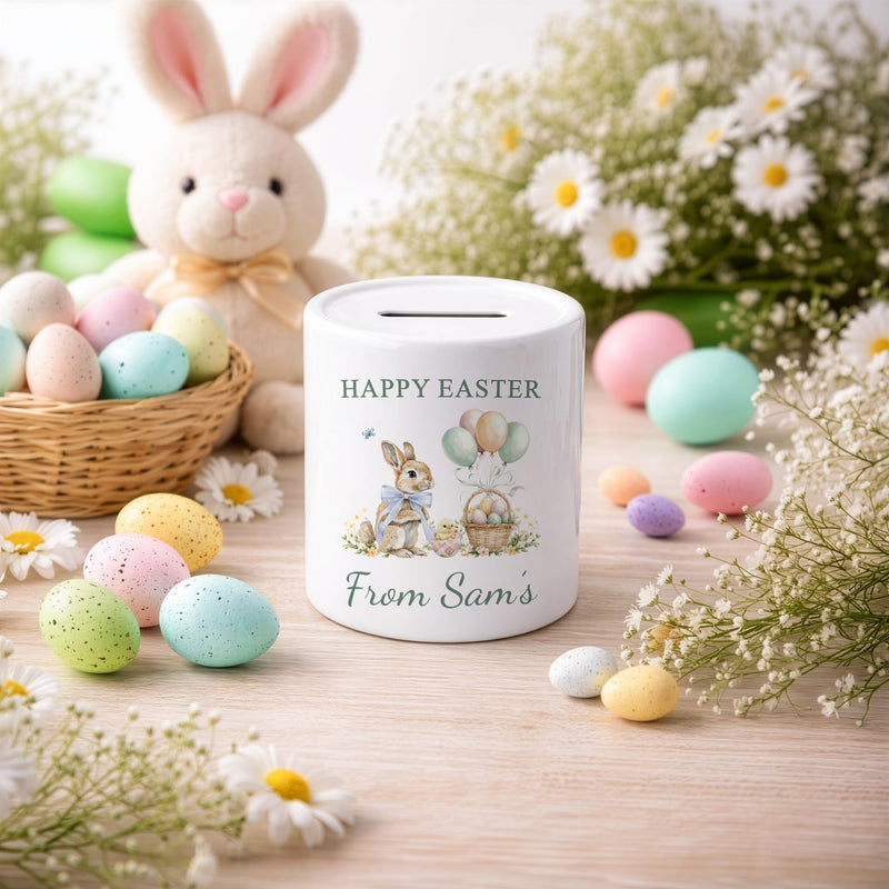 Personalised Happy Easter Bunny Money Box with Name - Blue