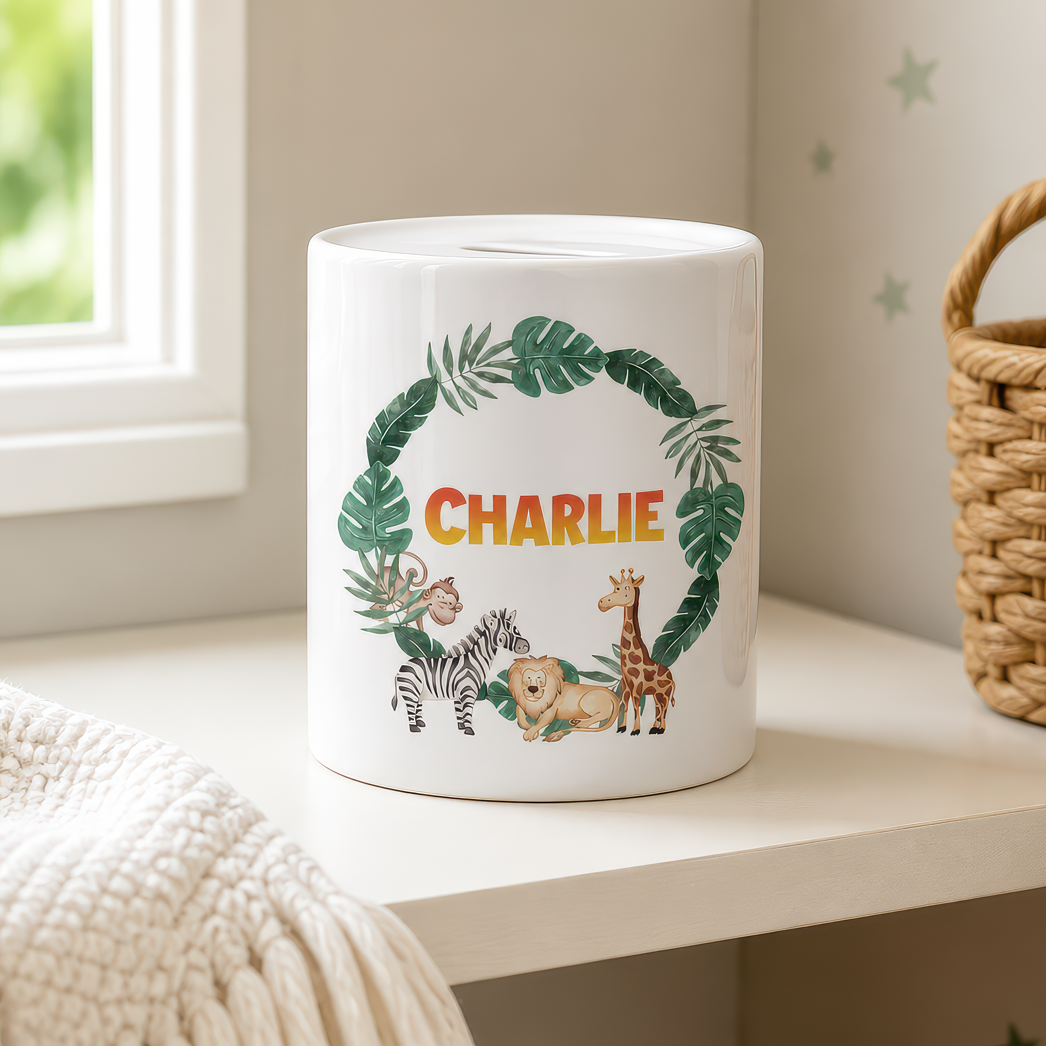 Personalised Jungle Money Box with Name
