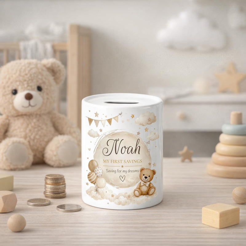 Personalised Beige Teddy Bear Money Box with Name and Message
