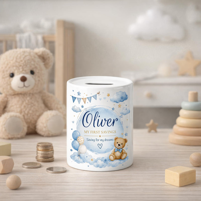 Personalised Blue Teddy Bear Money Box with Name and Message
