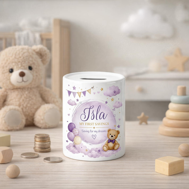 Personalised Purple Teddy Bear Money Box with Name and Message