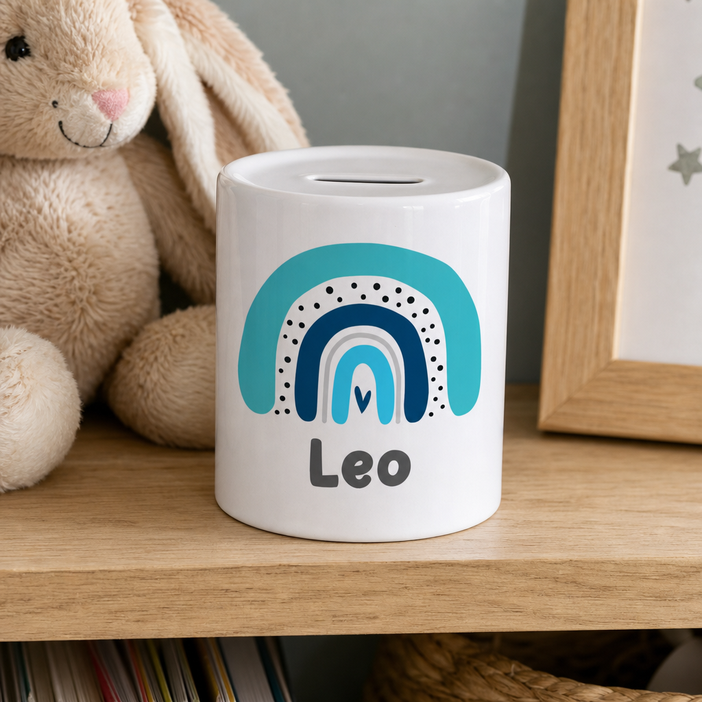 Personalised Blue Rainbow Money Box