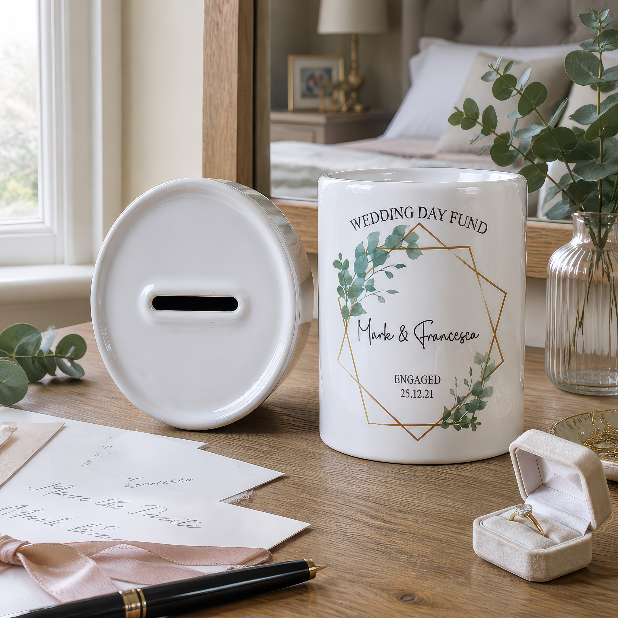Personalised Wedding Fund Money Box with Eucalyptus Frame
