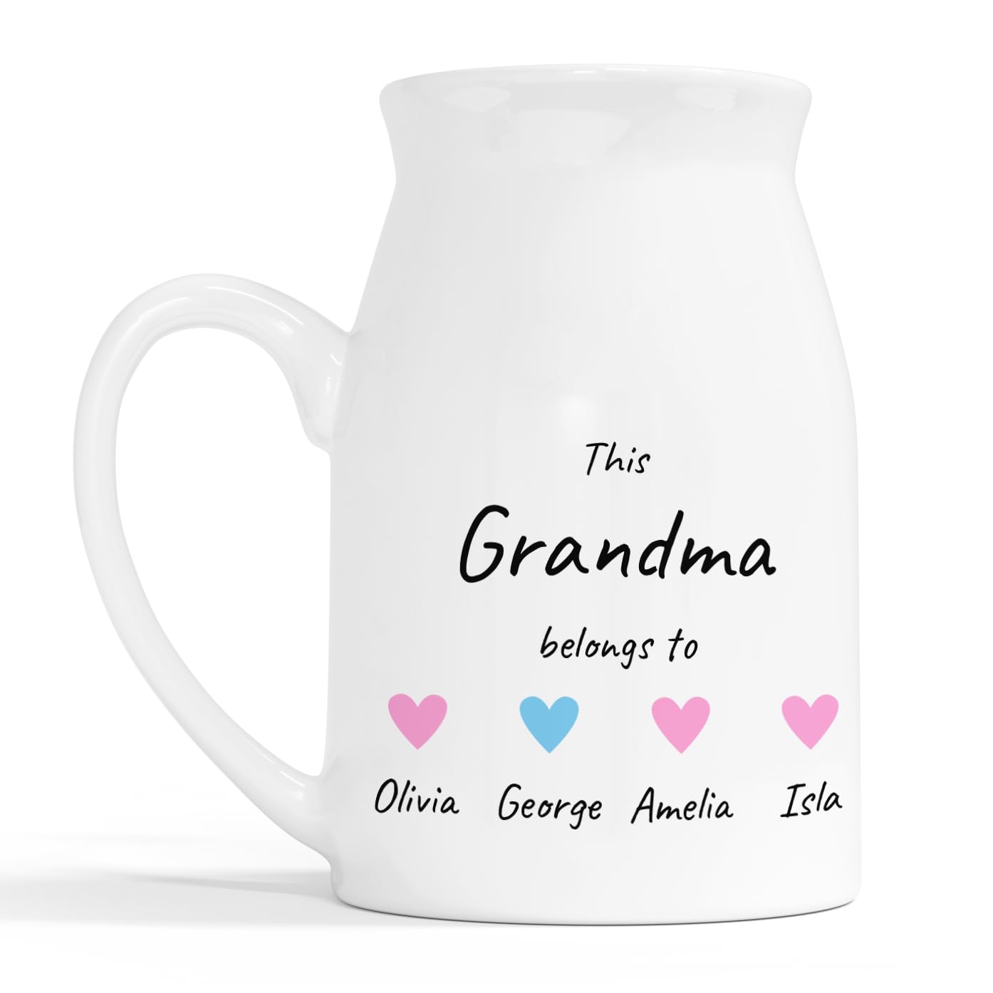 Personalised Grandma Heart Milk Jug Vase with Names