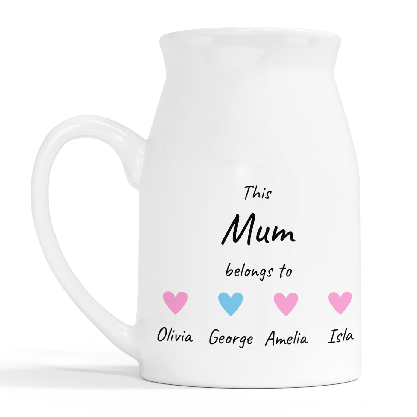 Personalised Mum Heart Milk Jug Vase with Names