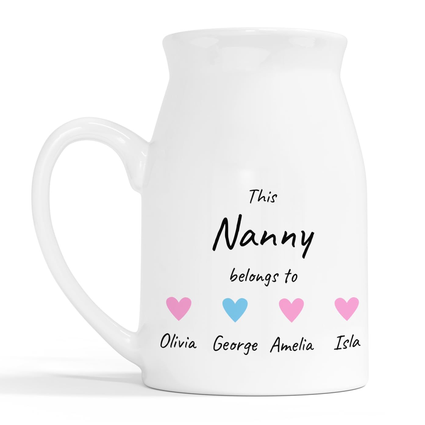 Personalised Nanny Heart Milk Jug Vase with Names