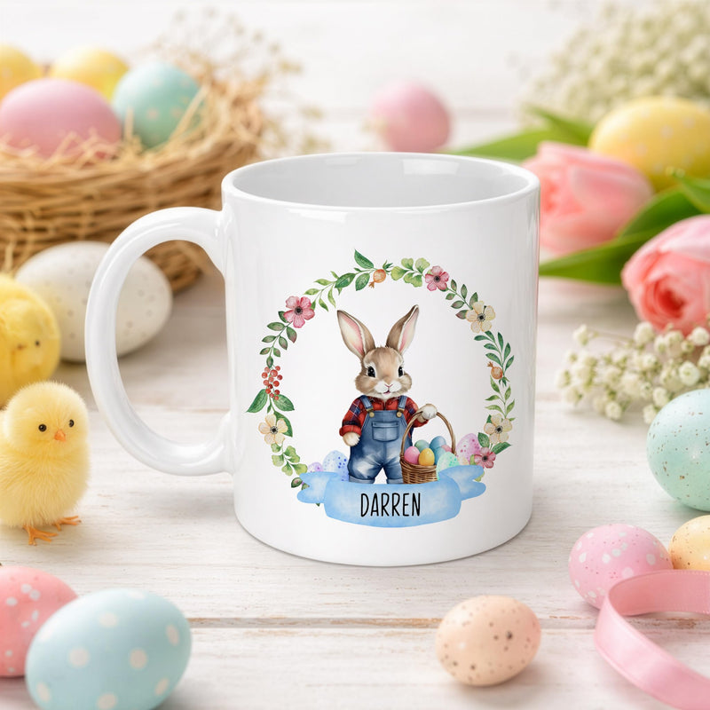 Personalised Blue Easter Bunny Ceramic Mug with Name