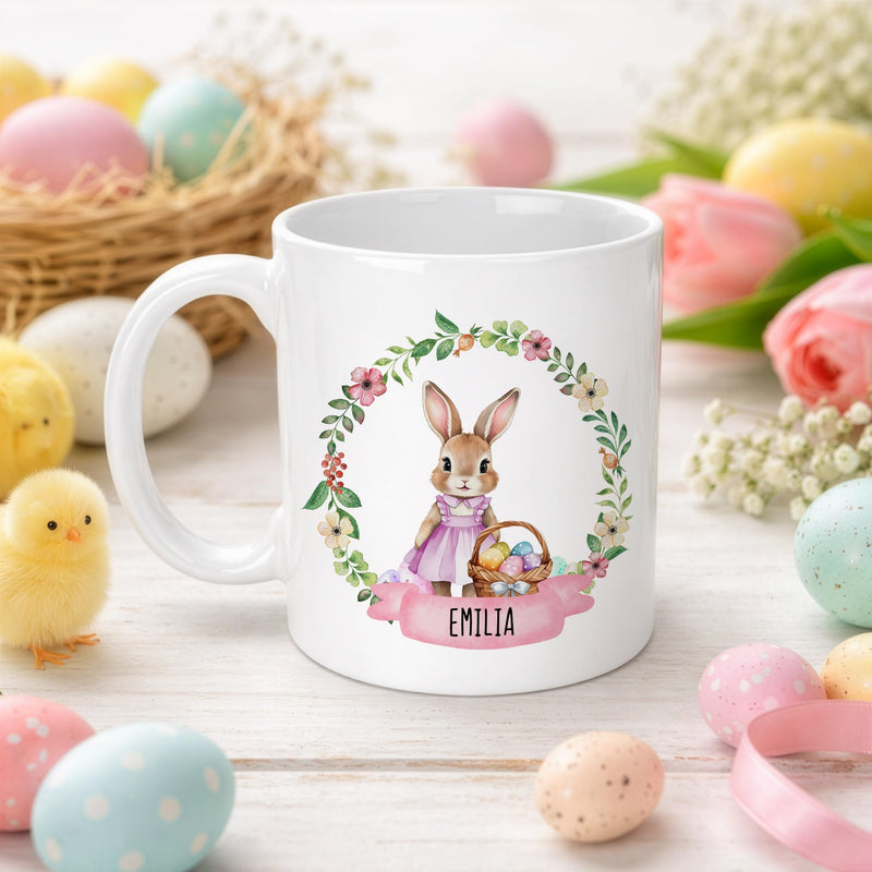 Personalised Pink Easter Bunny Wreath Mug with Name
