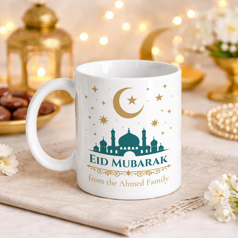 Personalised Eid Mubarak Teal Mosque Mug with Message