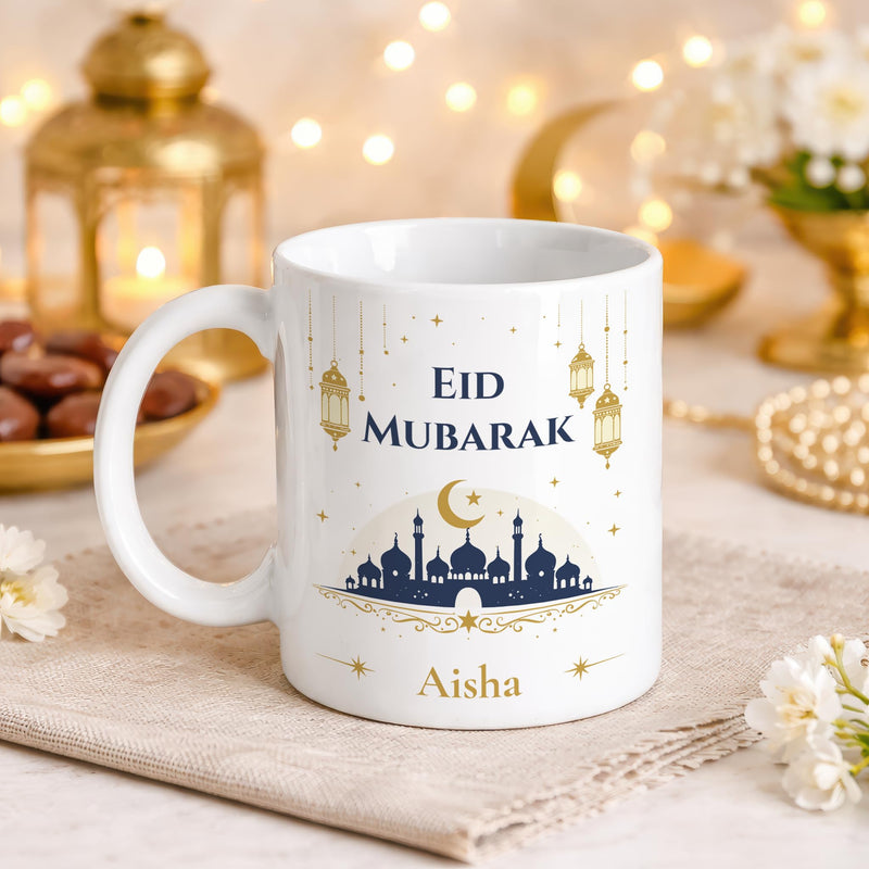 Personalised Eid Mubarak Navy Mosque Mug with Name