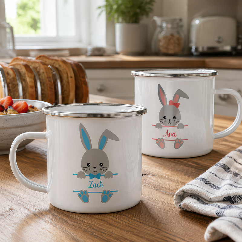 Personalised Blue Easter Bunny Enamel Mug
