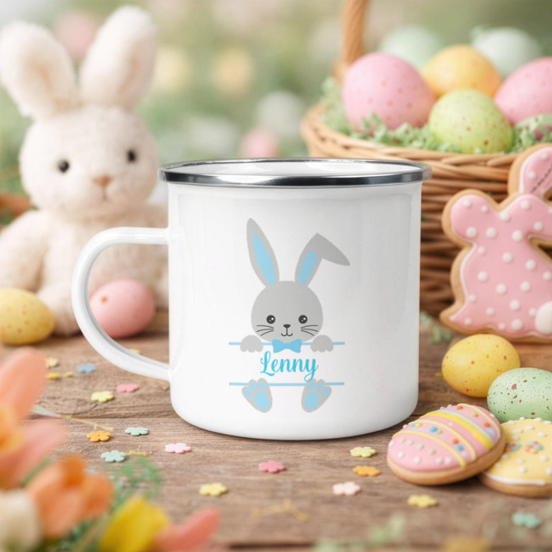 Personalised Blue Bunny Enamel Mug with Name