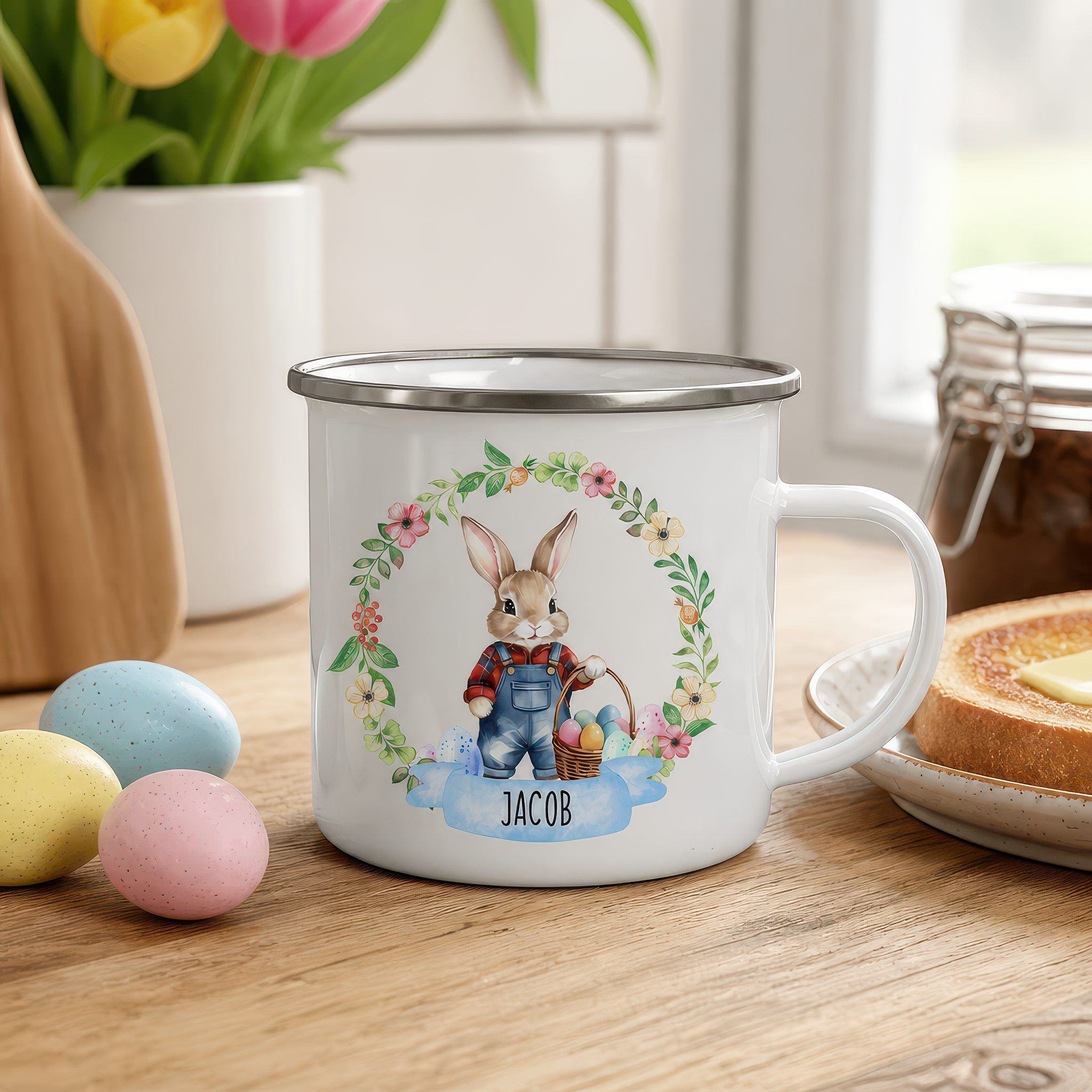 Personalised Easter Bunny Wreath Enamel Mug
