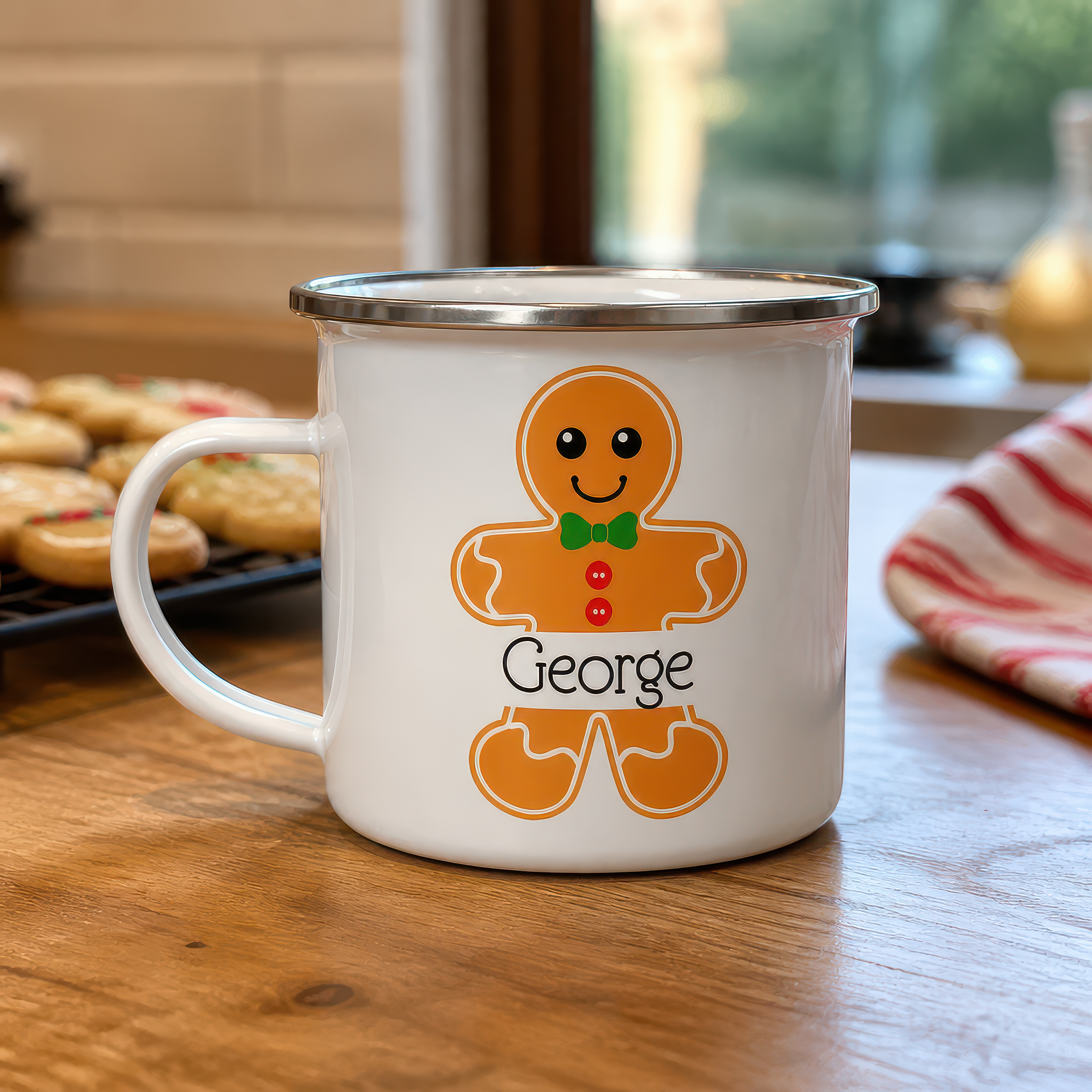Personalised Gingerbread Boy Enamel Mug with Name