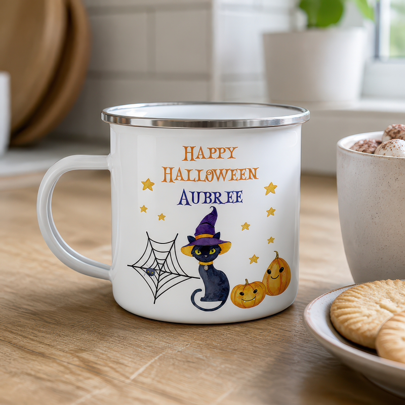 Personalised Halloween Cat Enamel Mug