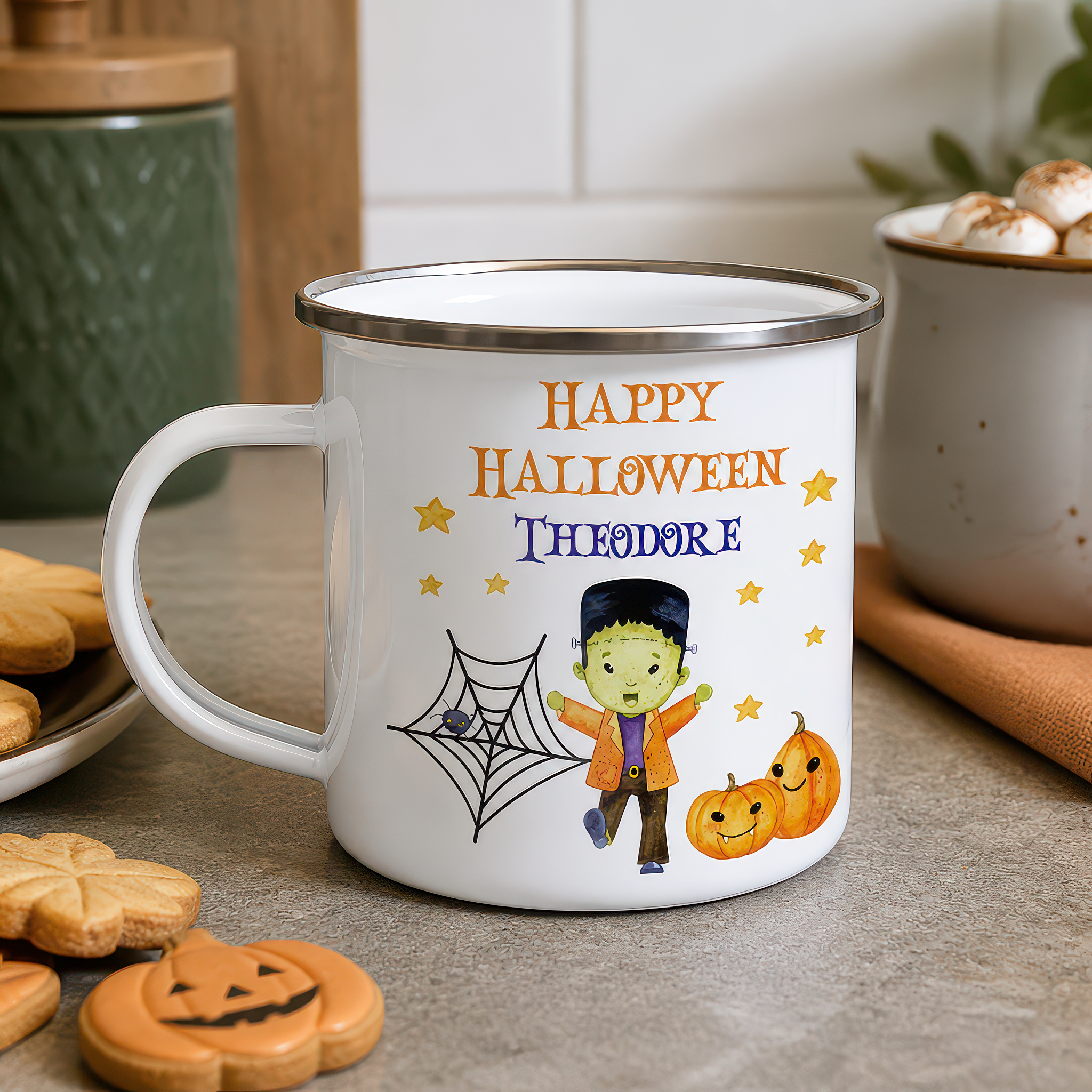 Personalised Halloween Frankenstein Enamel Mug