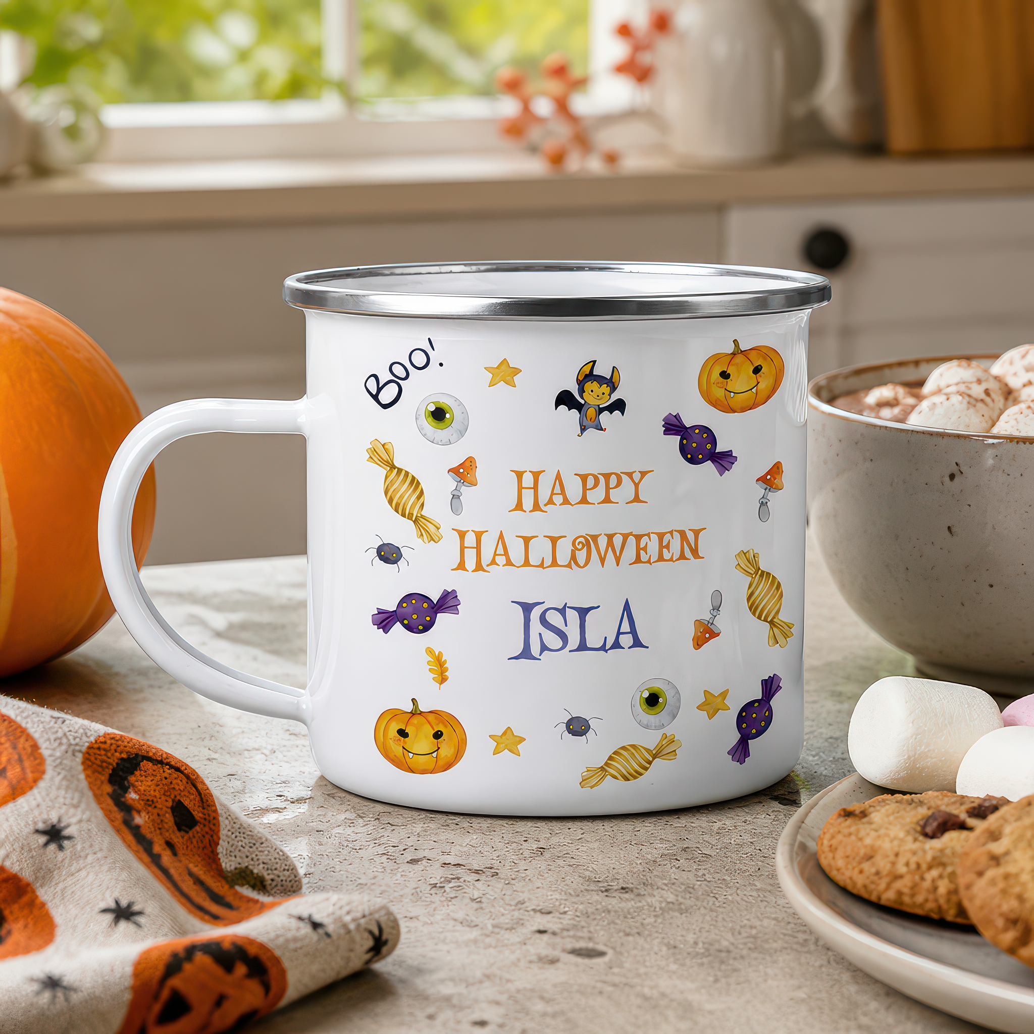 Personalised Cute Halloween Enamel Mug with Name