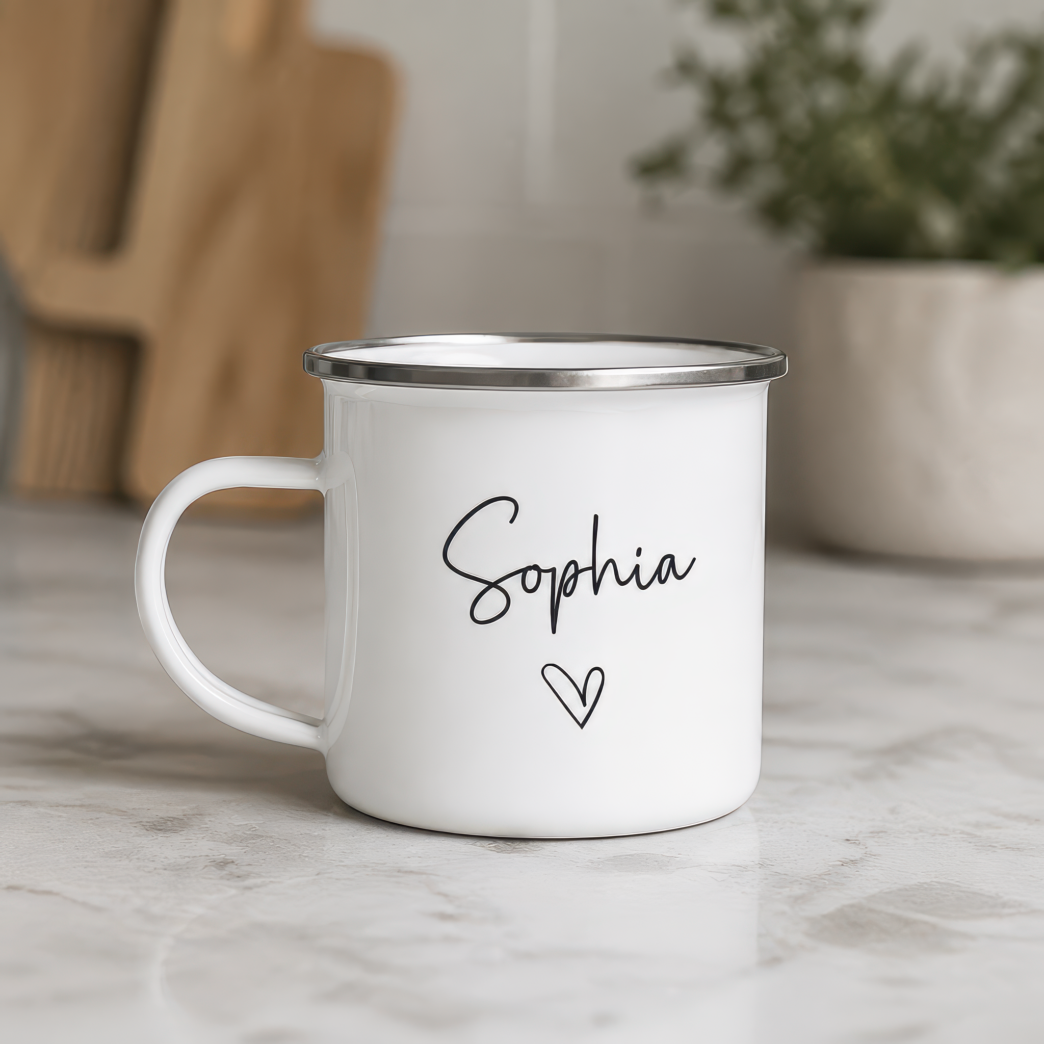 Personalised Valentine's Enamel Mug - Custom Name and Heart Design