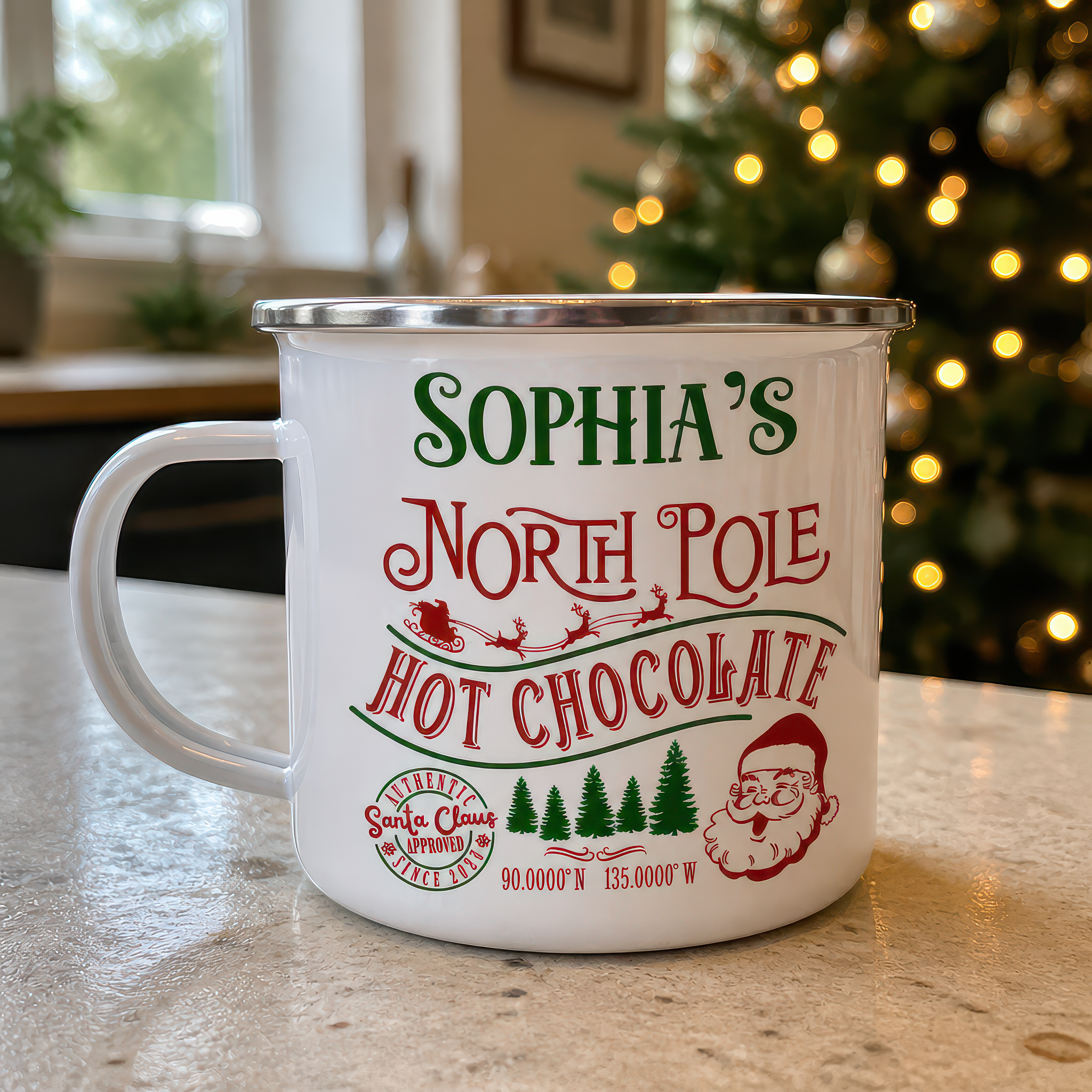 Personalised North Pole Hot Chocolate Enamel Mug
