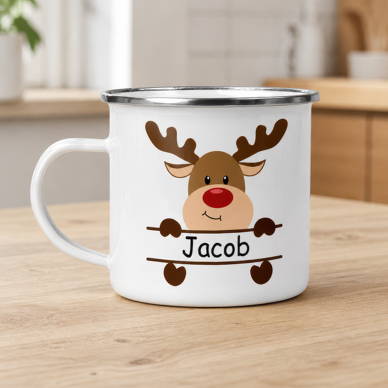 Personalised Reindeer Christmas Enamel Mug with Name