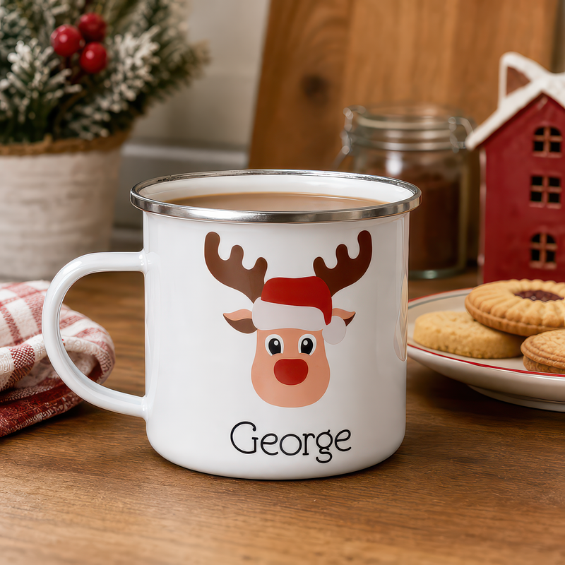 Personalised Reindeer Enamel Mug with Name - alternative view
