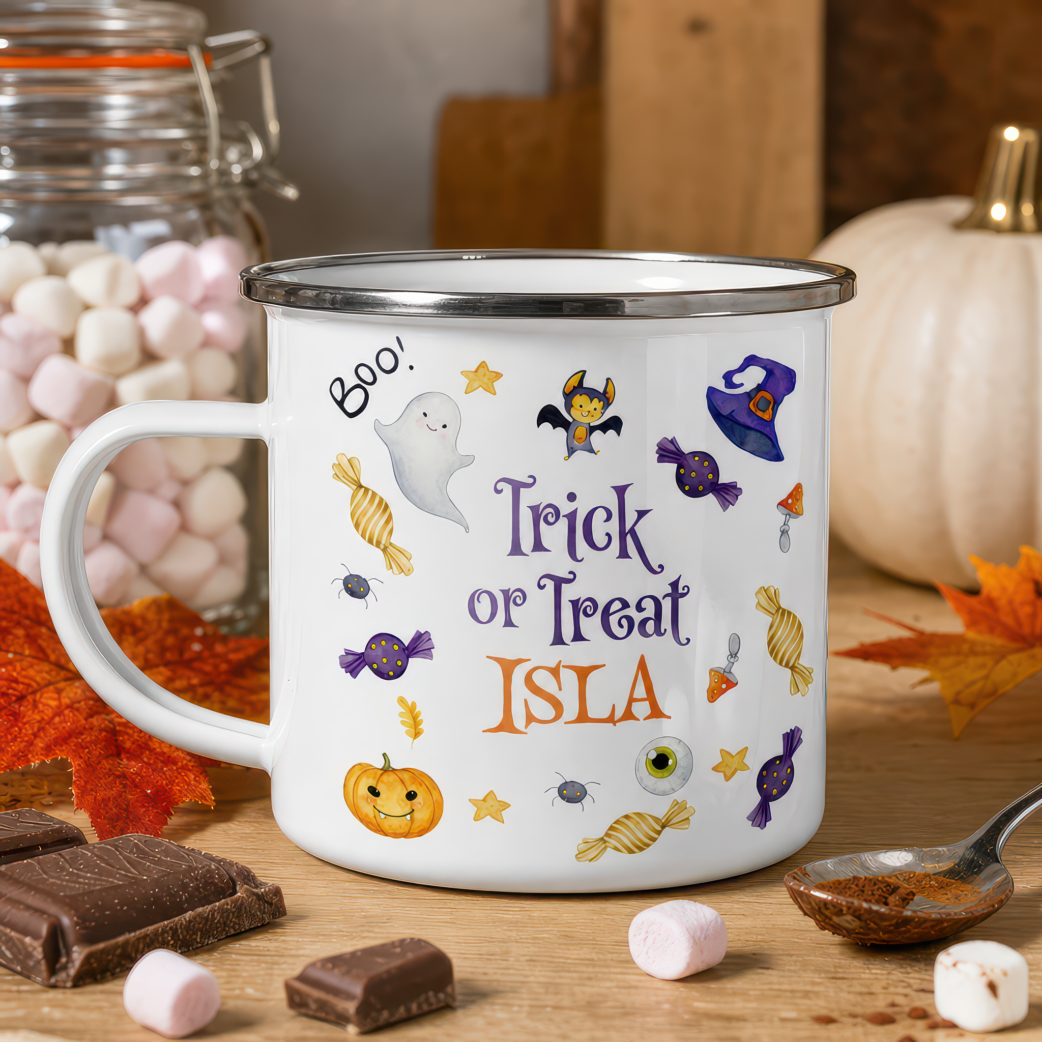 Personalised Trick or Treat Halloween Enamel Mug - alternative view