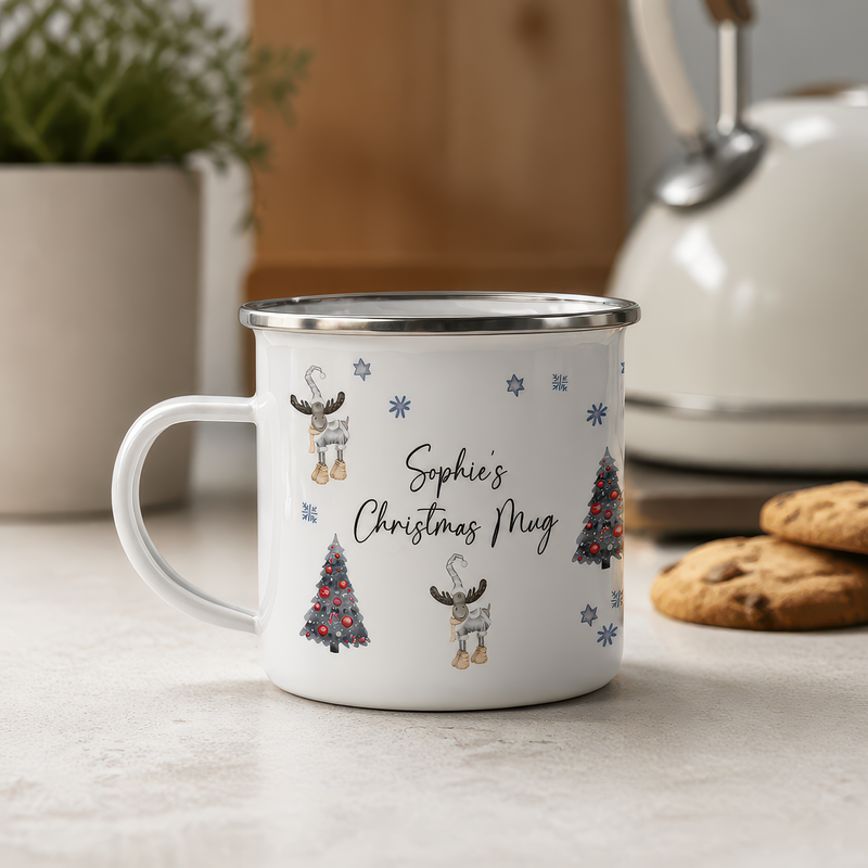 Personalised Christmas Hot Chocolate Enamel Mug with Name