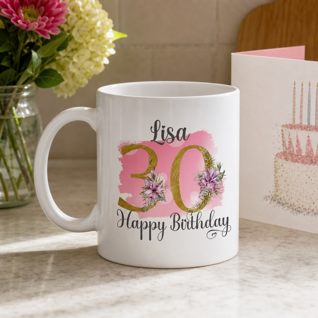 Personalised Pink Floral 30th Birthday Mug