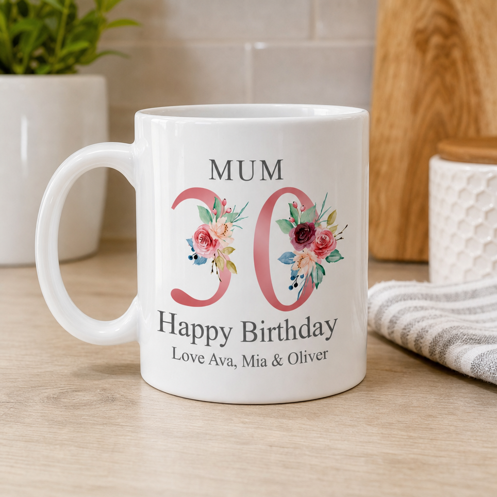 Personalised Rose Gold Floral 30th Birthday Mug