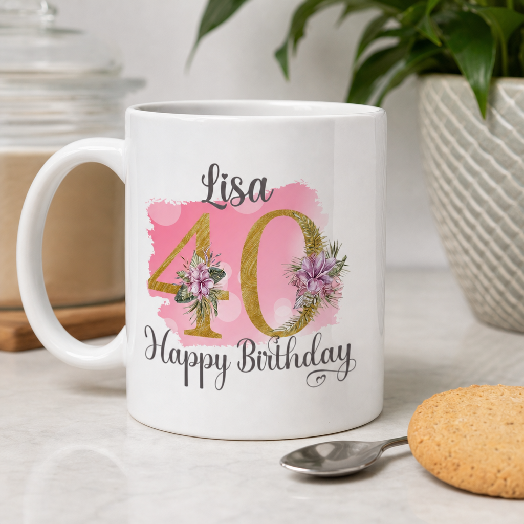 Personalised Pink Floral 40th Birthday Mug