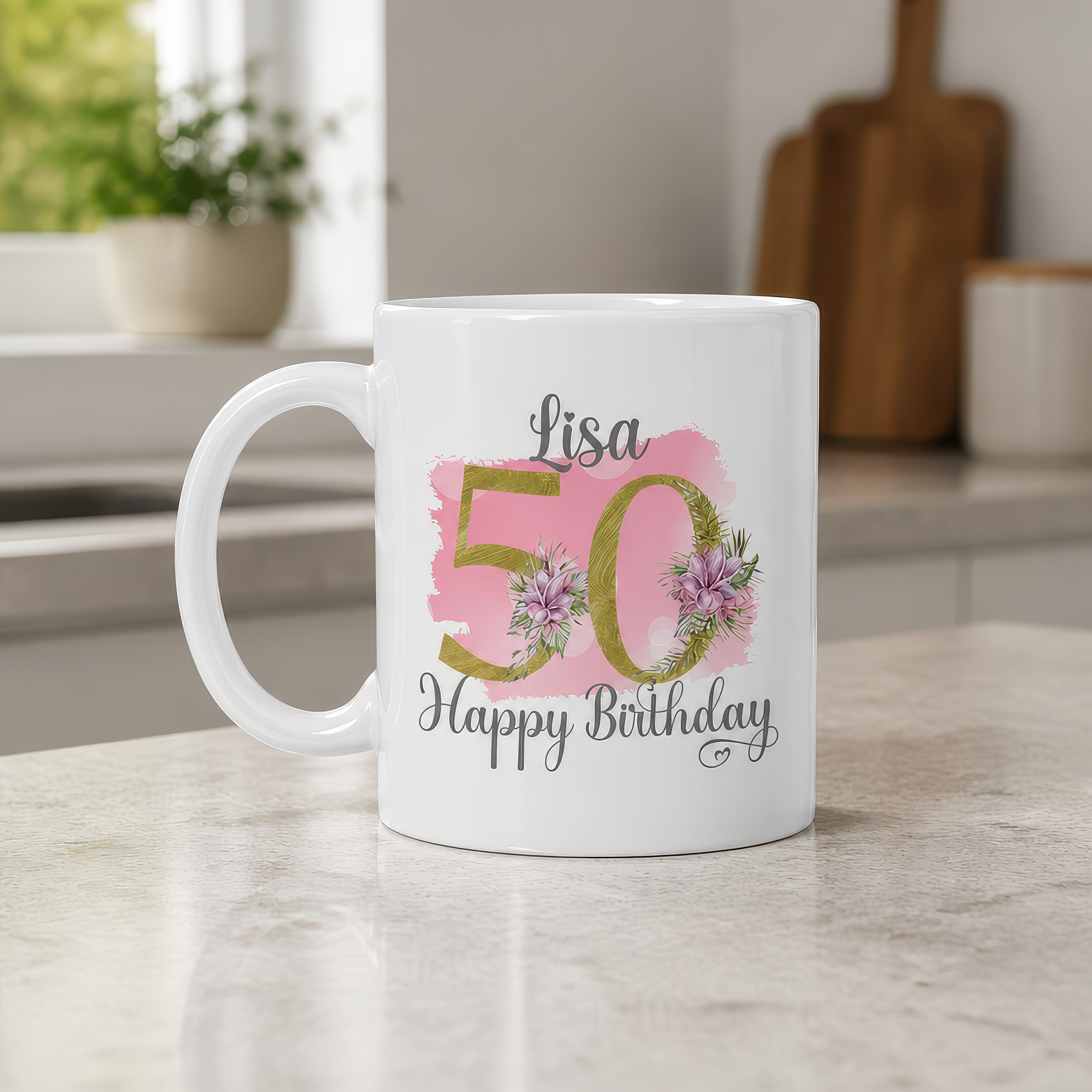 Personalised Pink Floral 50th Birthday Mug