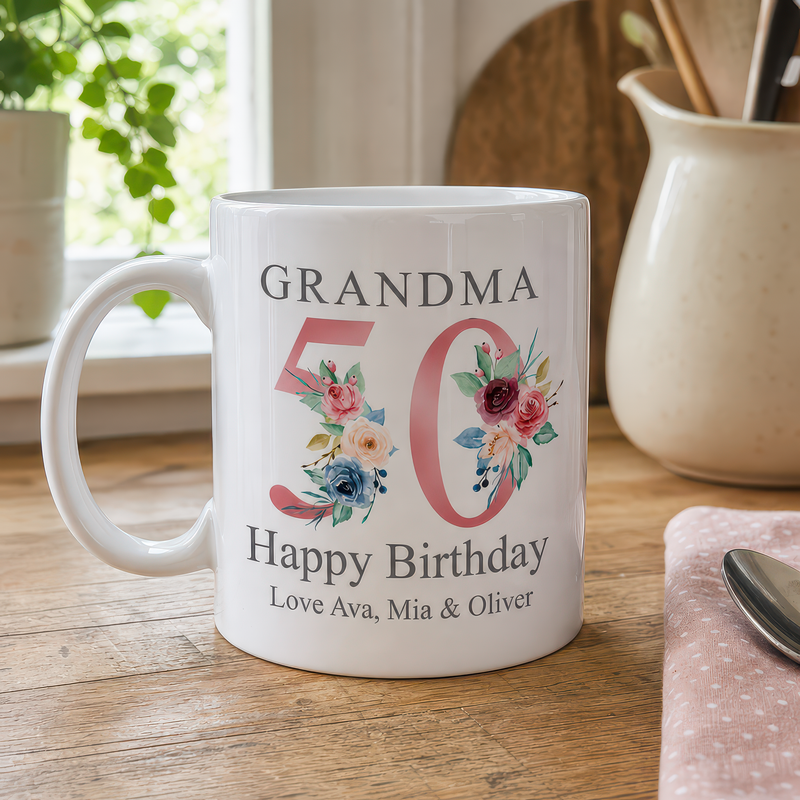 Personalised Rose Gold Floral 50th Birthday Mug - alternative view