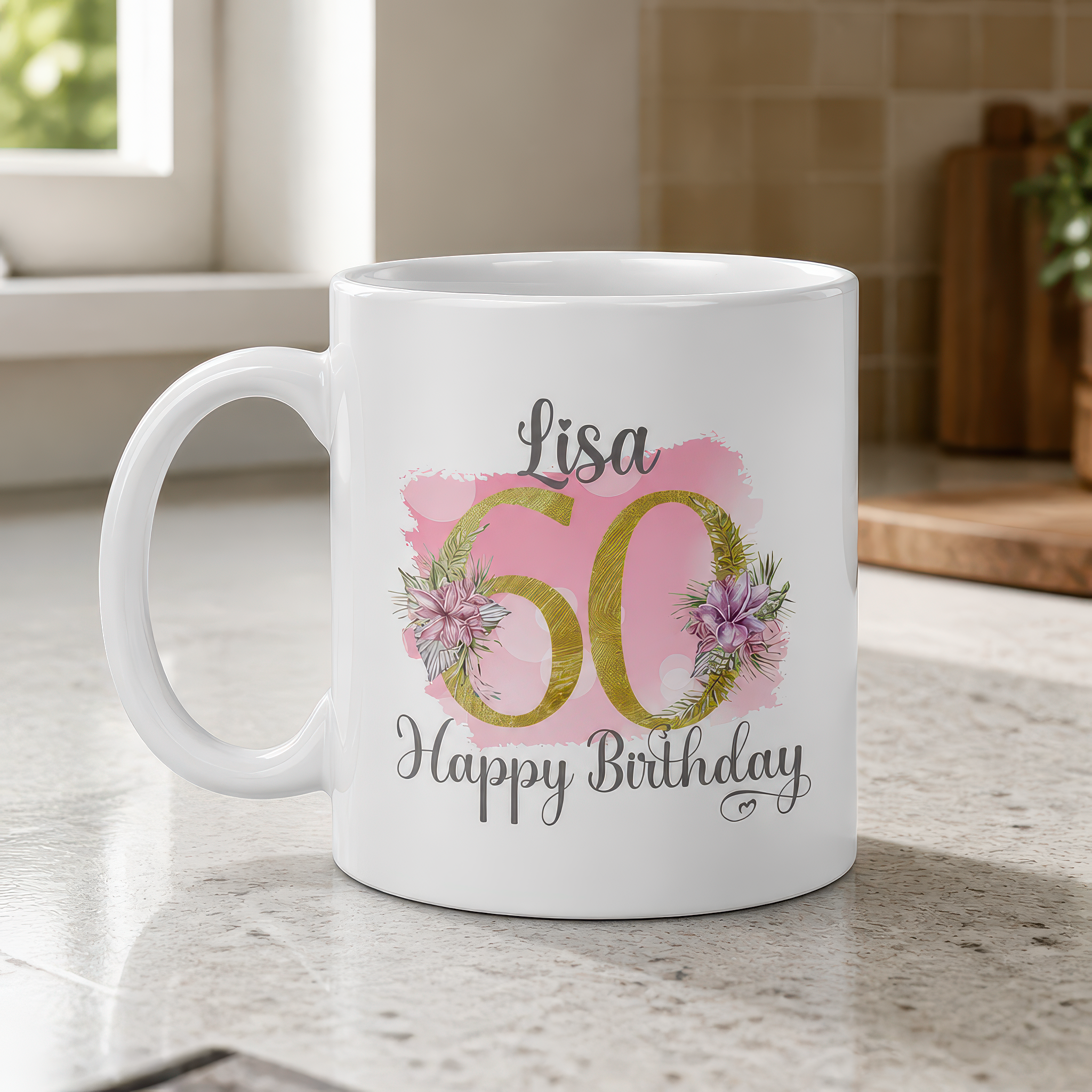 Personalised Pink Floral 60th Birthday Mug