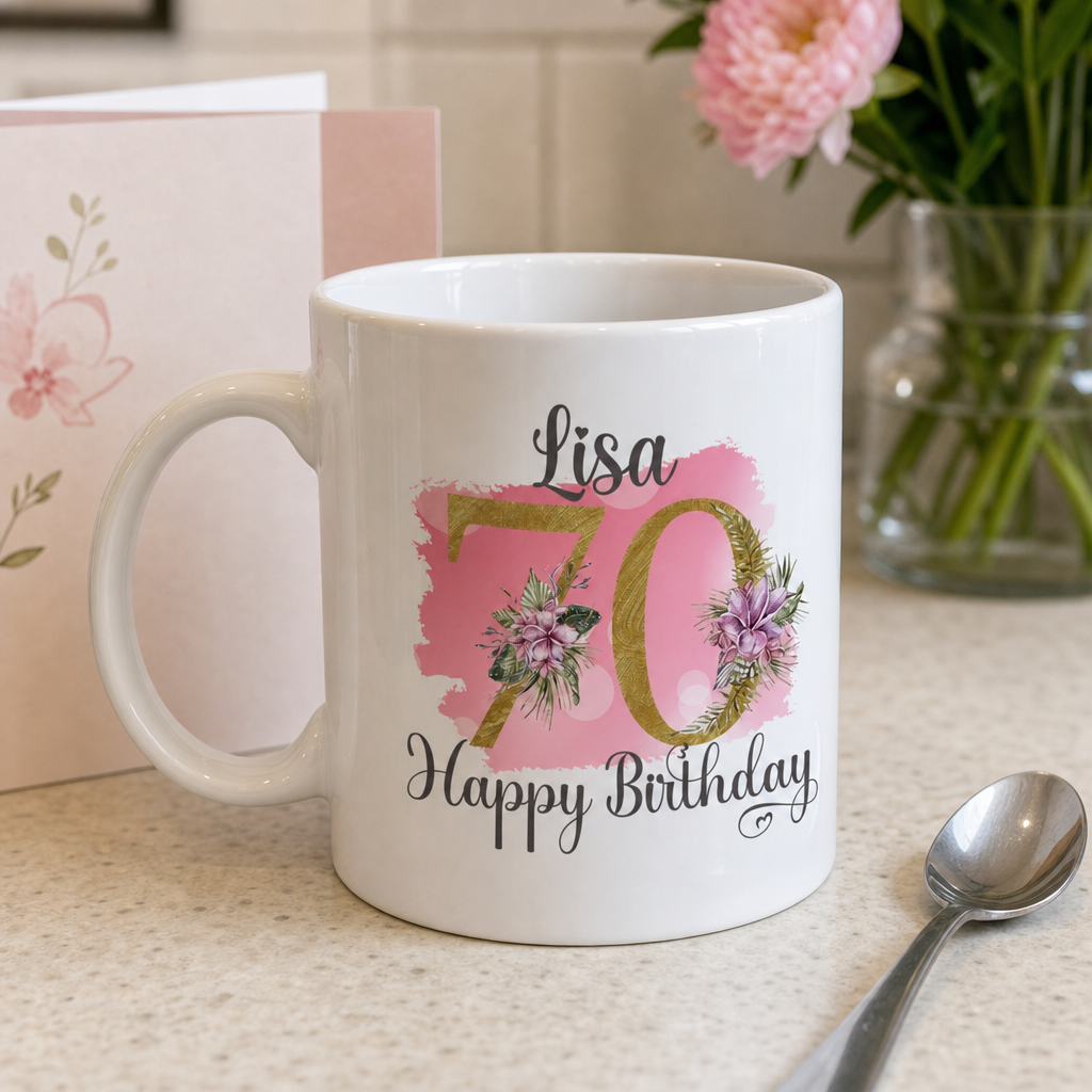 Personalised Pink Floral 70th Birthday Mug