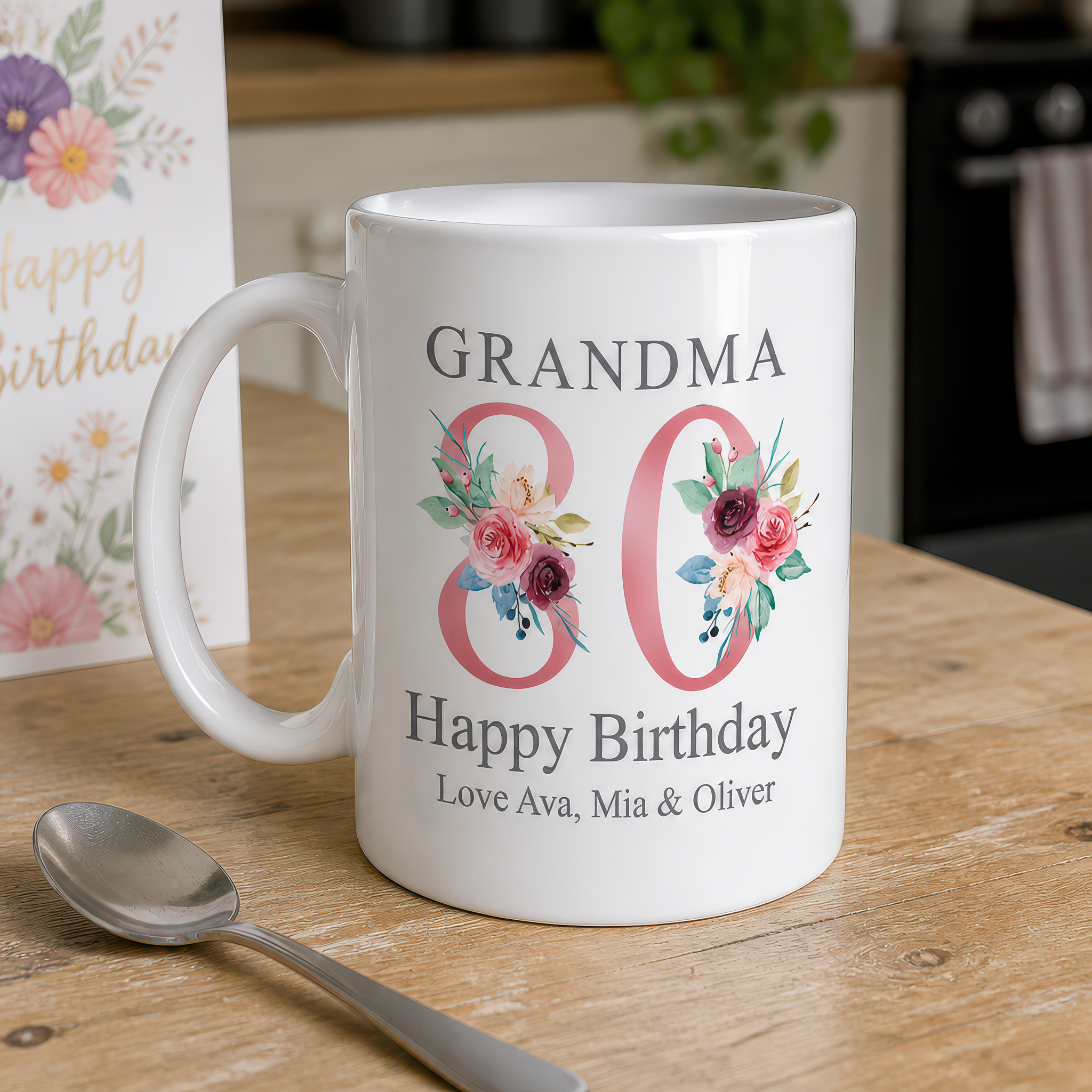 Personalised Rose Gold Floral 80th Birthday Mug