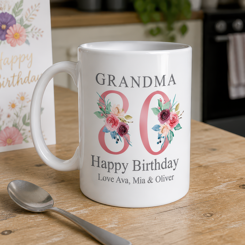 Personalised Rose Gold Floral 80th Birthday Mug