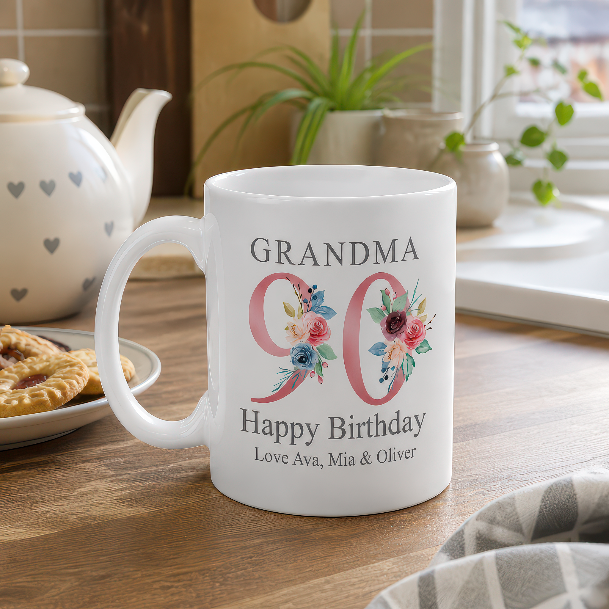 Personalised Rose Gold Floral 90th Birthday Mug