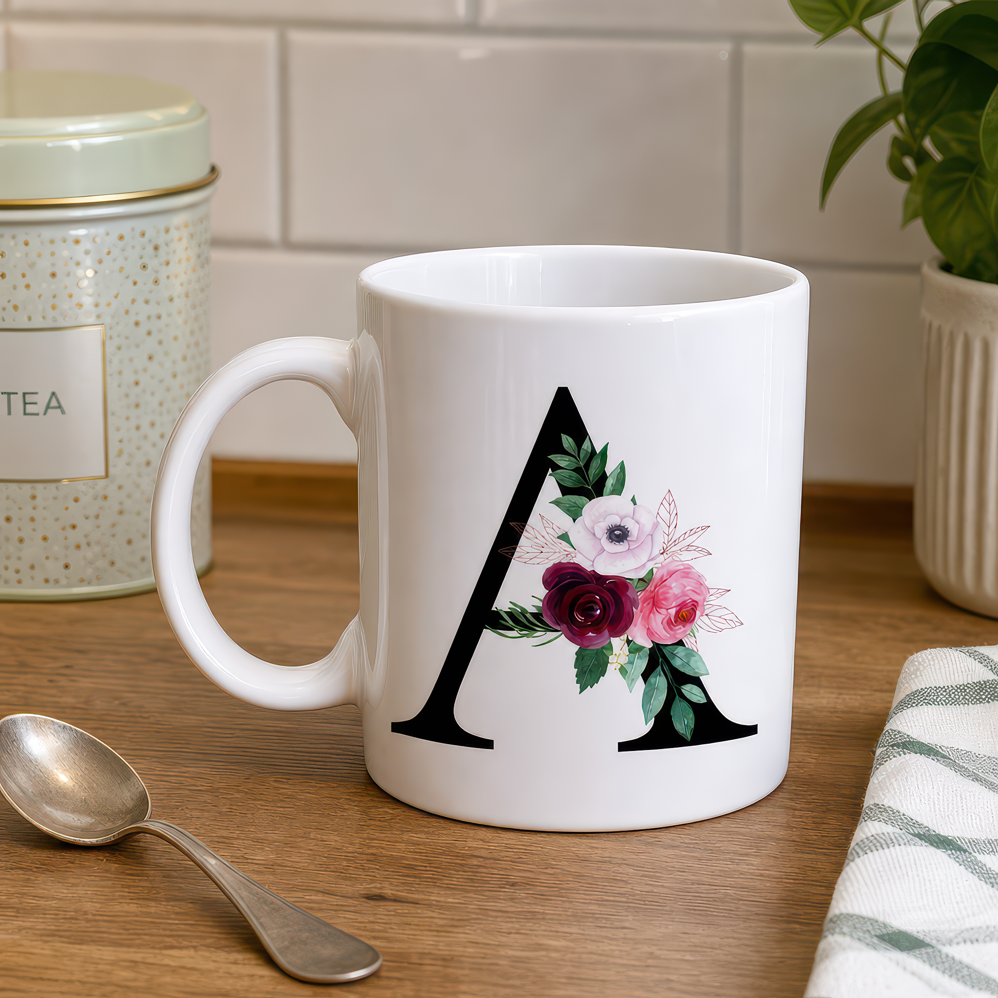 Personalised Black Floral Initial Mug with Optional Name - alternative view